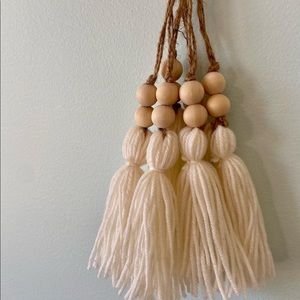 Ornament Bundles! Made with wooden beads and yarn tassel.